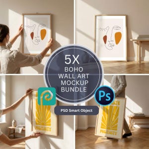 May include: A mockup bundle of five boho wall art prints. The prints feature abstract line art faces and sunburst designs with the word "Positivity". The art is displayed in wooden frames, showcasing a neutral color palette.