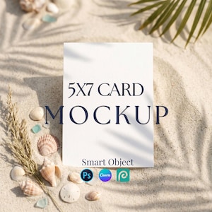 May include: A vertical 5x7 inch white card mockup featuring the text 5X7 CARD MOCKUP and Smart Object. Below are three small circular icons for Photoshop, Canva, and a third design software, displayed against a sandy beach background.