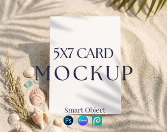 5x7 Beach Wedding Invitation Mockup, Ocean Theme Card Display (PSD, Canva)