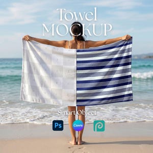 May include: A beach towel mockup with a checkerboard pattern on the left and blue and white stripes on the right. The towel is held up by a person on a sandy beach with the text "Towel MOCKUP" at the top.
