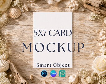 5x7 Coastal Boho Wedding Invitation Mockup, Beach Shell Wood Flatlay (Canva, PSD Template)