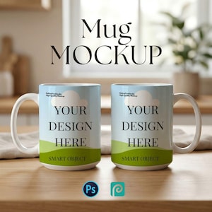 Twin White Ceramic 15oz Mug Mockups PSD: Dual Smart Object Layers, Digital Download