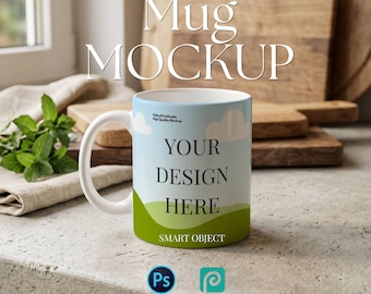 White 11oz Ceramic Mug Mockup, Boho Style Organic Kitchen Coffee Cup Template (Digital Download)