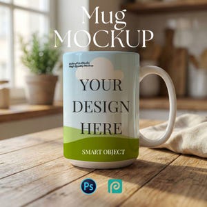 Puede incluir: Taza de cerámica blanca con asa curva. La taza presenta un diseño de cielo azul claro con una nube y hierba verde. El texto "YOUR DESIGN HERE" se muestra en la taza. Las palabras "Mug MOCKUP" están en la parte superior.