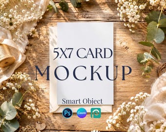 5x7 Boho Wedding Invitation Mockup, Rustic Wood Flatlay (PSD, Canva)
