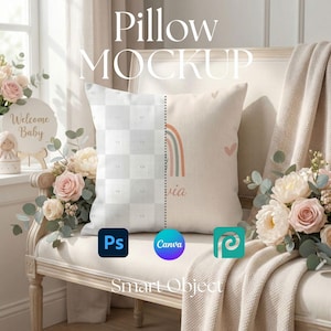 May include: A mockup of a square pillow with a rainbow design and the name "Olivia". The pillow is on a white bench with flowers and a blanket. The words "Pillow Mockup" and "Smart Object" are displayed.