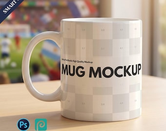 White 11oz Ceramic Mug Mockup, Football Player Gift, PSD Templates and Smart Object