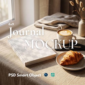 May include: A 6x9 journal mockup featuring a light gray and white checkered cover design. The journal is placed on a textured fabric surface next to a ceramic mug filled with latte art, a small plate with a croissant, and a vase with dried stems.