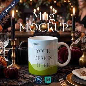 Gothic Halloween Mug Mockup, Dark Dinner Scene, PSD Smart Object (Digital Download)