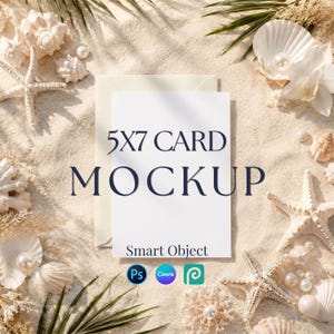 May include: A white 5x7 card mockup with an envelope, featuring the text 5x7 CARD MOCKUP and Smart Object, surrounded by white seashells, starfish, pearls, and palm leaves on a sandy surface with three small software icons at the bottom.