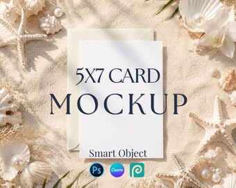 5x7 Beach Wedding Invitation Mockup, Coastal Stationery Template (PSD Smart Object, Canva)