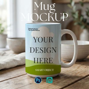 May include: White ceramic mug with a large handle, featuring a sky and grass design with the text "YOUR DESIGN HERE" and "SMART OBJECT". The mug is a mockup, with the words "Mug MOCKUP" at the top. The mug is on a wooden surface.