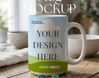 15oz White Ceramic Mug Mockup: Large Coffee Cup PSD (Digital Download)