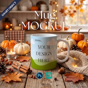 Cozy Fall Mug Mockup, Autumn Coffee Cup Scene, PSD Smart Object (Digital Download)