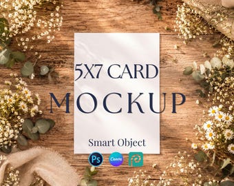5x7 Wedding Invitation Mockup, Botanical Stationery Layout, Canva and PSD Smart Object Card Template