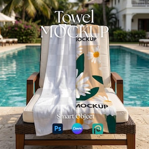 May include: A beach towel mockup draped over a wooden lounge chair by a pool. The towel features a white and beige floral design with large daisies and green leaves. The words "Towel Mockup" and "Smart Object" are visible.
