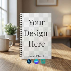 May include: A spiral-bound notebook with the text "Your Design Here" in a bold, serif font. The notebook has a white cover with a grid pattern and is displayed on a wooden surface. The notebook is a smart object and has the logos for Photoshop, Canva, and other design software.