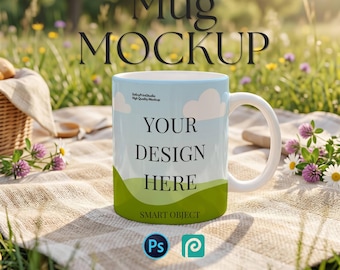 White 11oz Ceramic Mug Mockup, Summer Meadow Outdoor Styled Product Template