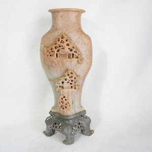 Schöne Vintage chinesische Speckstein Bergdorf Hand geschnitzte Vase