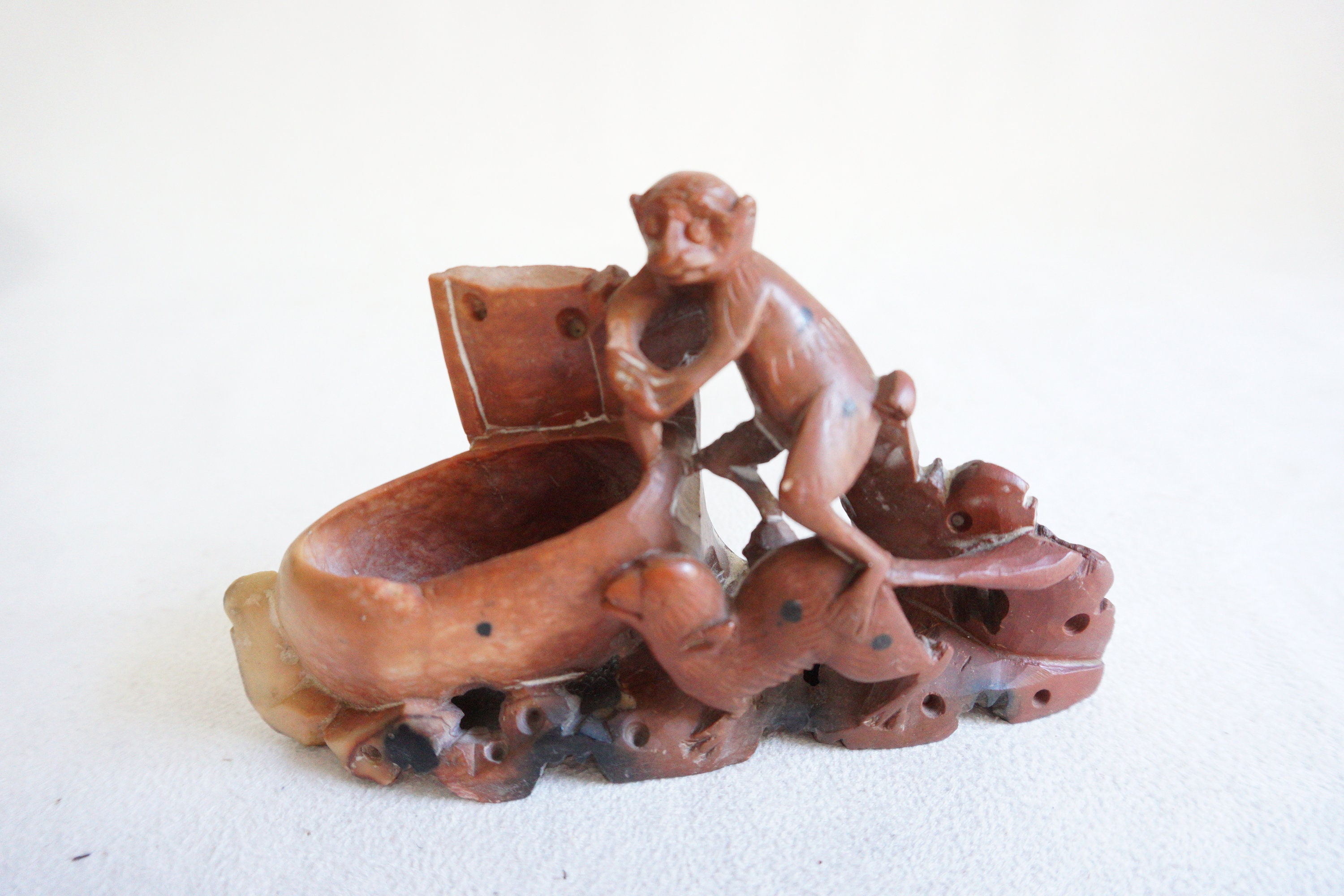 Vintage Soapstone Hand Carved Monkey Small Inkwell Etsy