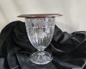 Vintage Etched Glass Vase with Sterling Silver Rim
