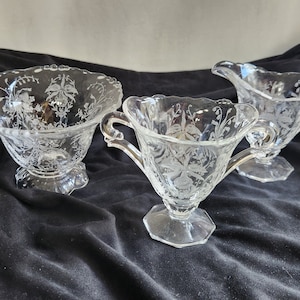 Vintage 1940s Heisey Orchid Etch Creamer and Sugar and Bowl Pressed Glass