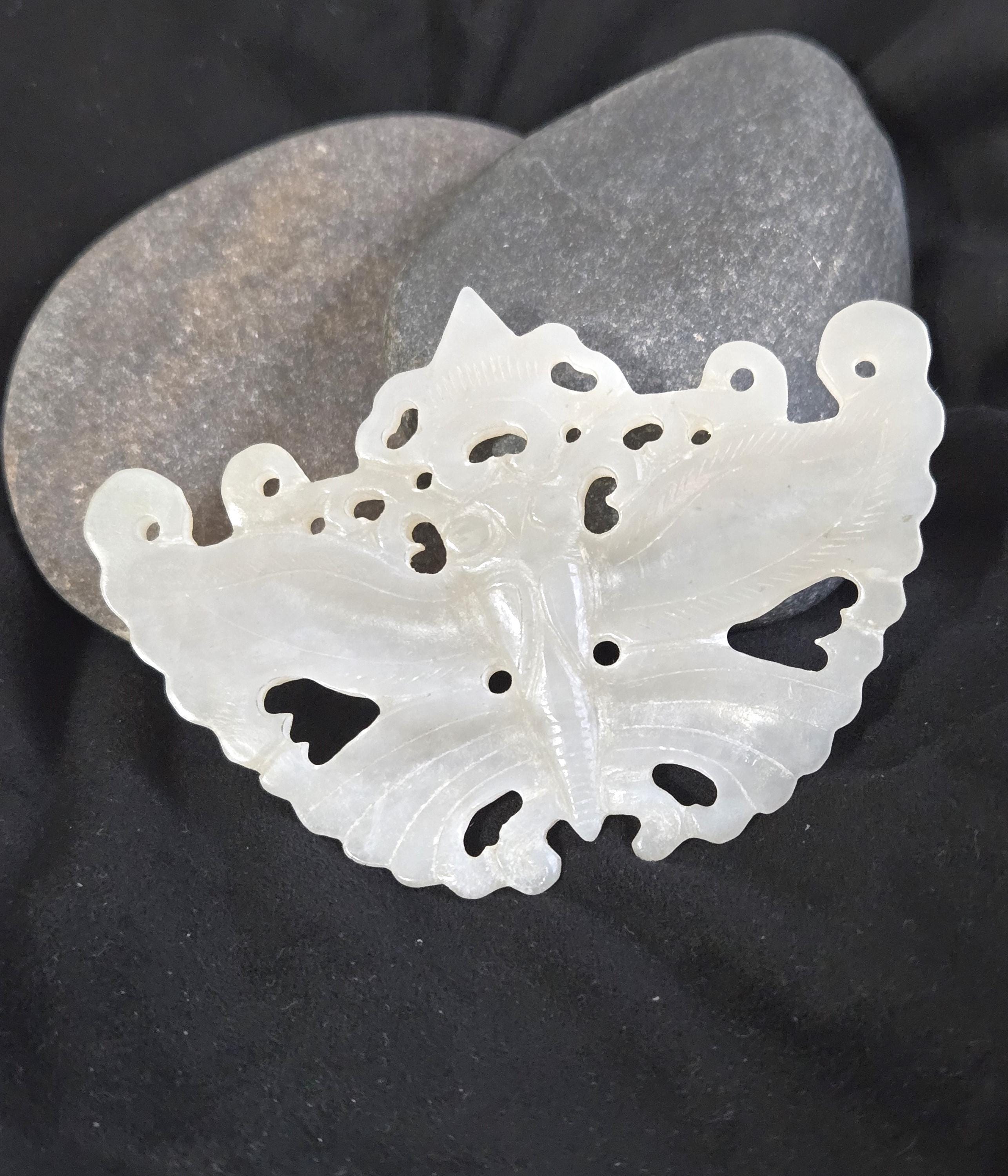 Pendentif Papillon En Jade Blanc Translucide - Bijou Fantaisie Femme