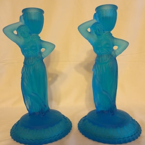 1960s Fostoria Rebecca At The Well Blue Candlesticks
