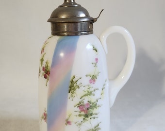 Hand Painted Vintage Milk Glass Syrup Dispenser