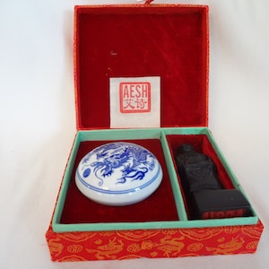 Vintage Chinese Porcelain Stamp Set in Box
