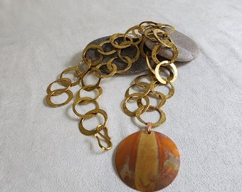 Torched Copper Pendant  and hand forged textured Bali Brass 24 inch Necklace