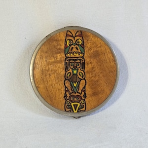 Unique Vintage Hand Painted Totem Pole on Wood Face Powder Compact