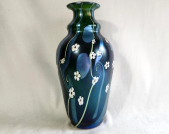 Stunning 10.25 inch Mouth Blown Peking Green and Iridescent Blue Floral Orient and Flume Art Glass Vase Circa 1979