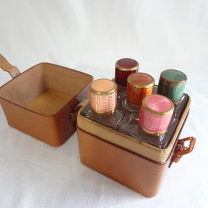 Amazing Vintage Set of 5 Guilloche Enamel Perfume Bottles in Leather Travel Case