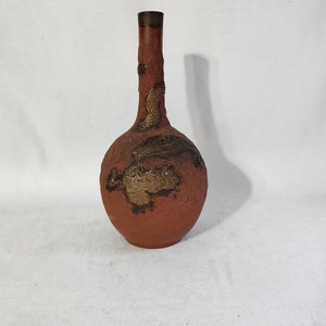 Japanese Tokoname Redware Vase with Dragon and Cloud Motif