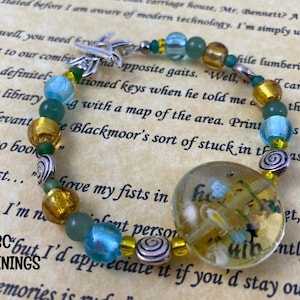 Yellow Blue Green Beaded Bracelet, Lampwork Glass Aventurine Gemstone Bracelet, Toggle Bracelet, Bohemian Bracelet, Gift for Her