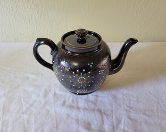 Vintage Brown Betty Teapot, Flowers, 1960s, Made in England