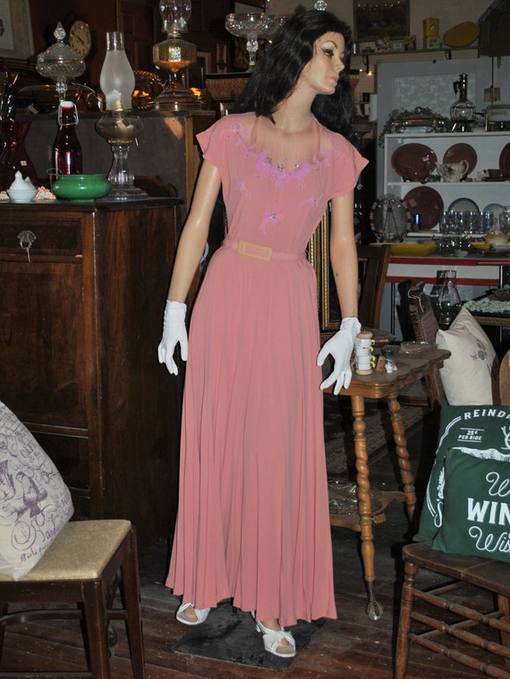 Vintage 1930s Pink Evening Dress, Floor-Length, B… - image 1