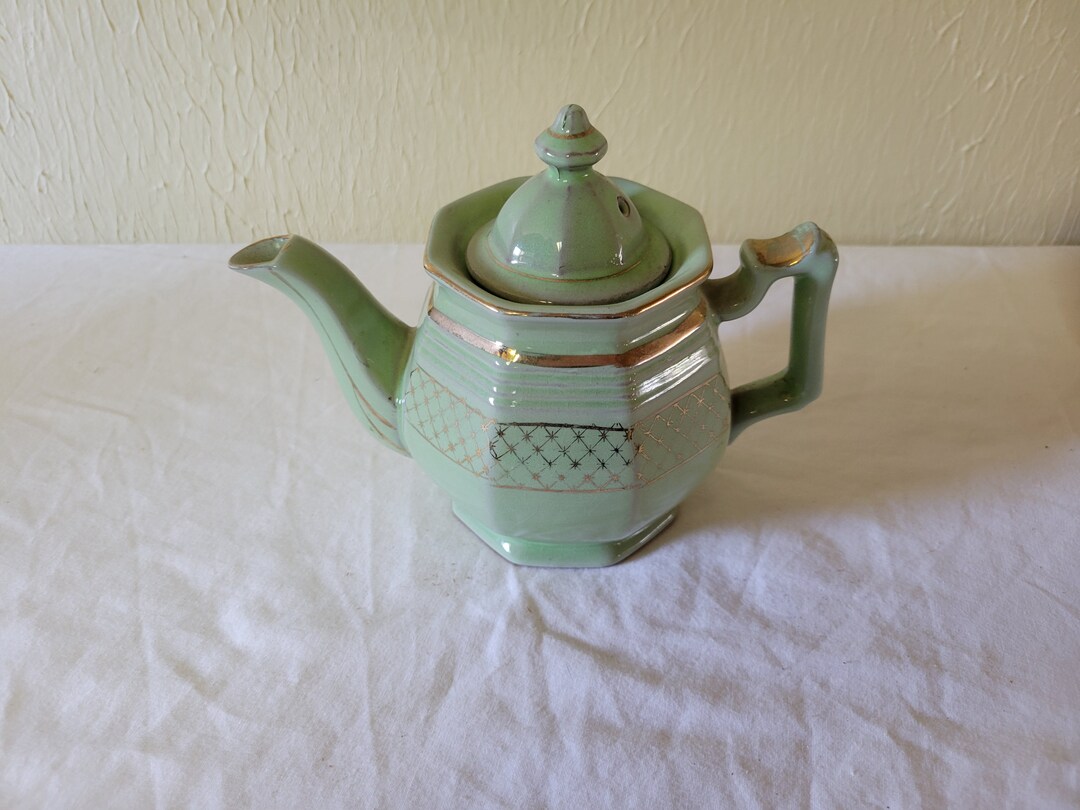 Vintage Green Teapot With Gold Trim, 1960s Glazed Pottery Etsy