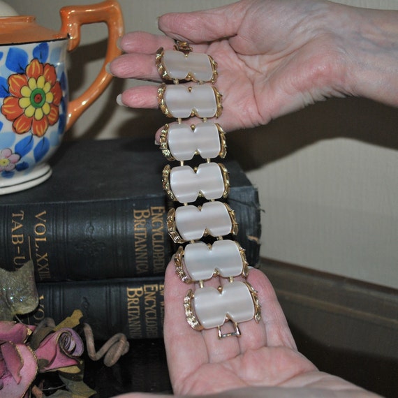 Vintage Gold Bracelet with White Lucite Insets, 1… - image 2