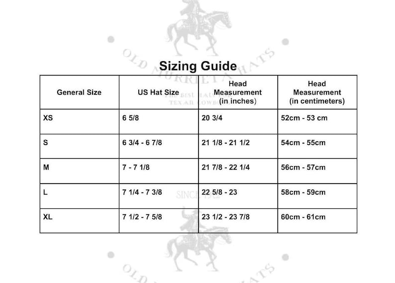 May include: Sizing guide for hats, showing hat sizes in US sizes and inches, and head circumference in centimeters.  Sizes include XS, S, M, L, and XL.