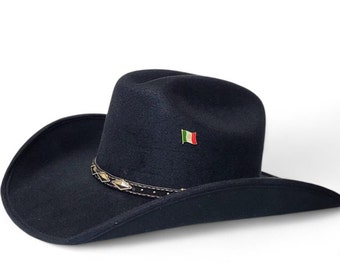Black Men's cowboy hat vaquero old Murrieta style sombrero de lujo small, medium, and Large sizes, with a metal Mexican flag Logo pin