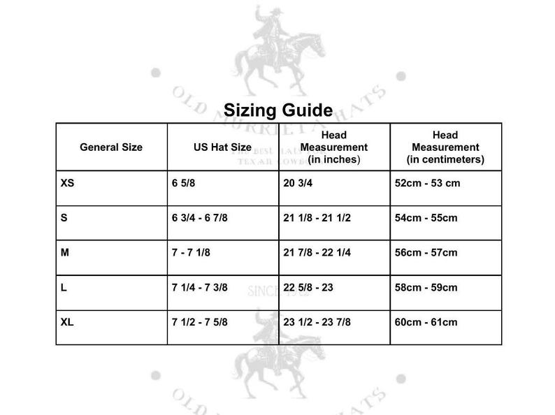 Op de afbeelding: Maattabel voor hoeden, met hoedmaten in Amerikaanse hoedmaten, hoofdmaat in inches en centimeters, en algemene maten van XS tot XL.