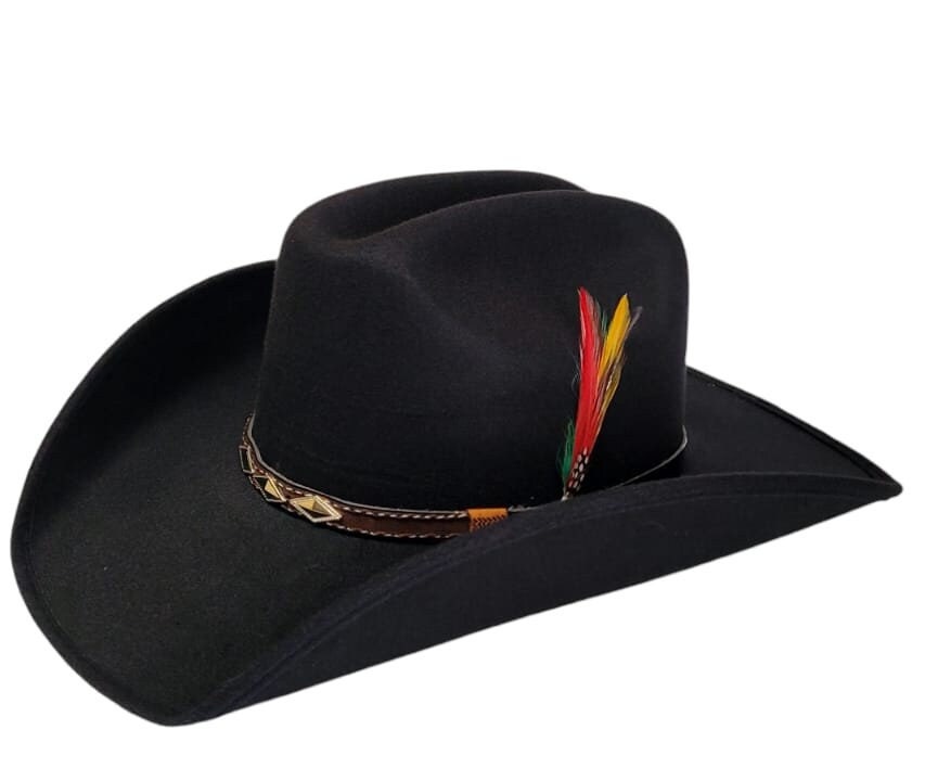 Black Felt Western Hat with White Fringe and Brown Band Rancher Hat - Custom Burned Black with Velcro Band main image 2
