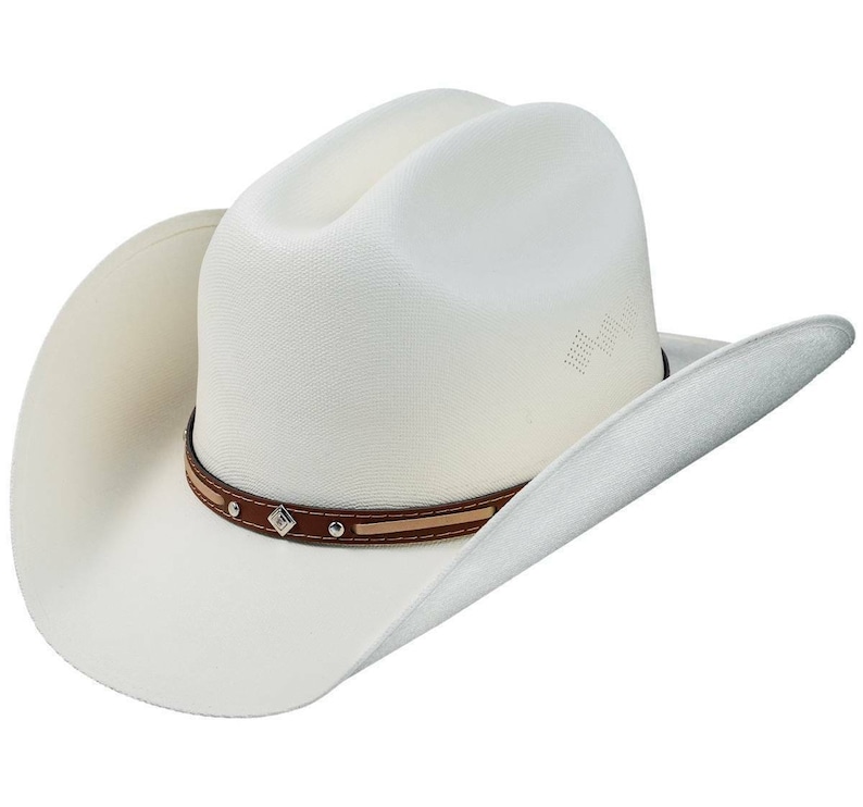 May include: A white cowboy hat with a brown leather band and silver accents. The hat has a wide brim and a tall crown.