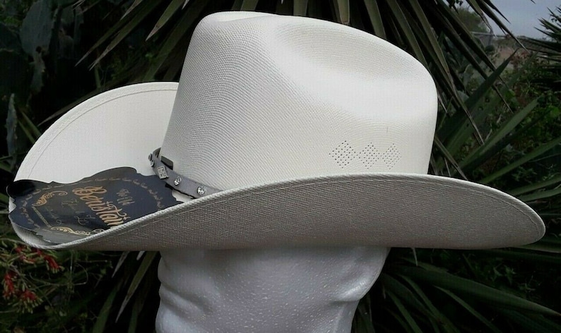 May include: A white cowboy hat with a silver band and a black label that says "The Best Stain" on it.