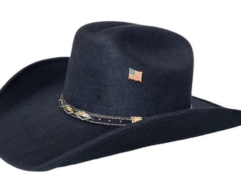 Black Men's cowboy hat vaquero old Murrieta style sombrero de lujo small, medium, and Large sizes, with a metal USA flag Logo