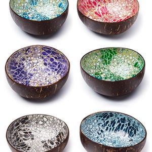 May include: Six coconut bowls with different colourful patterns. The bowls are made from natural coconut shells and are perfect for serving snacks, salads, or desserts.