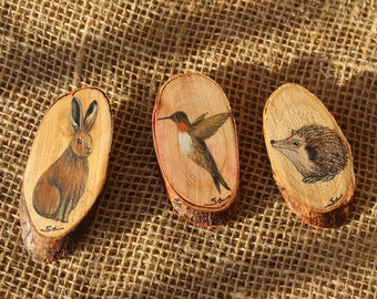 Handpainted wood slice wooden brooch pin, nature wild forest animals pin badge jewellery