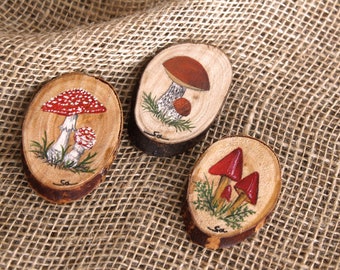 Handpainted wood slice wooden brooch pin, nature wild mushrooms forest pin badge jewellery